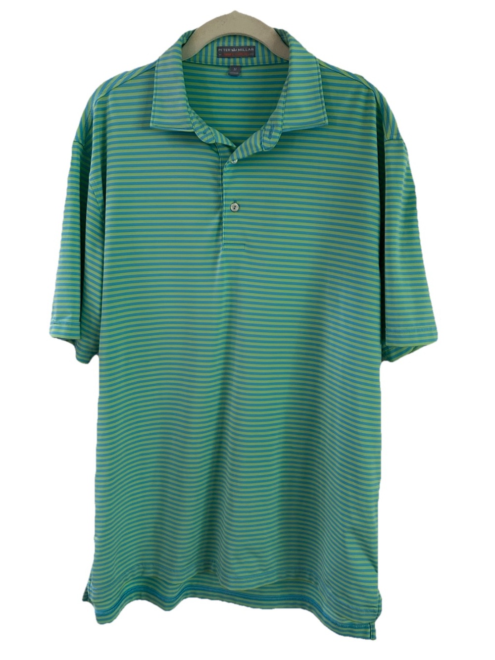 Peter Millar Summer Comfort Polo Shirt Neon Green Blue Stripe Golf Men’s Medium
